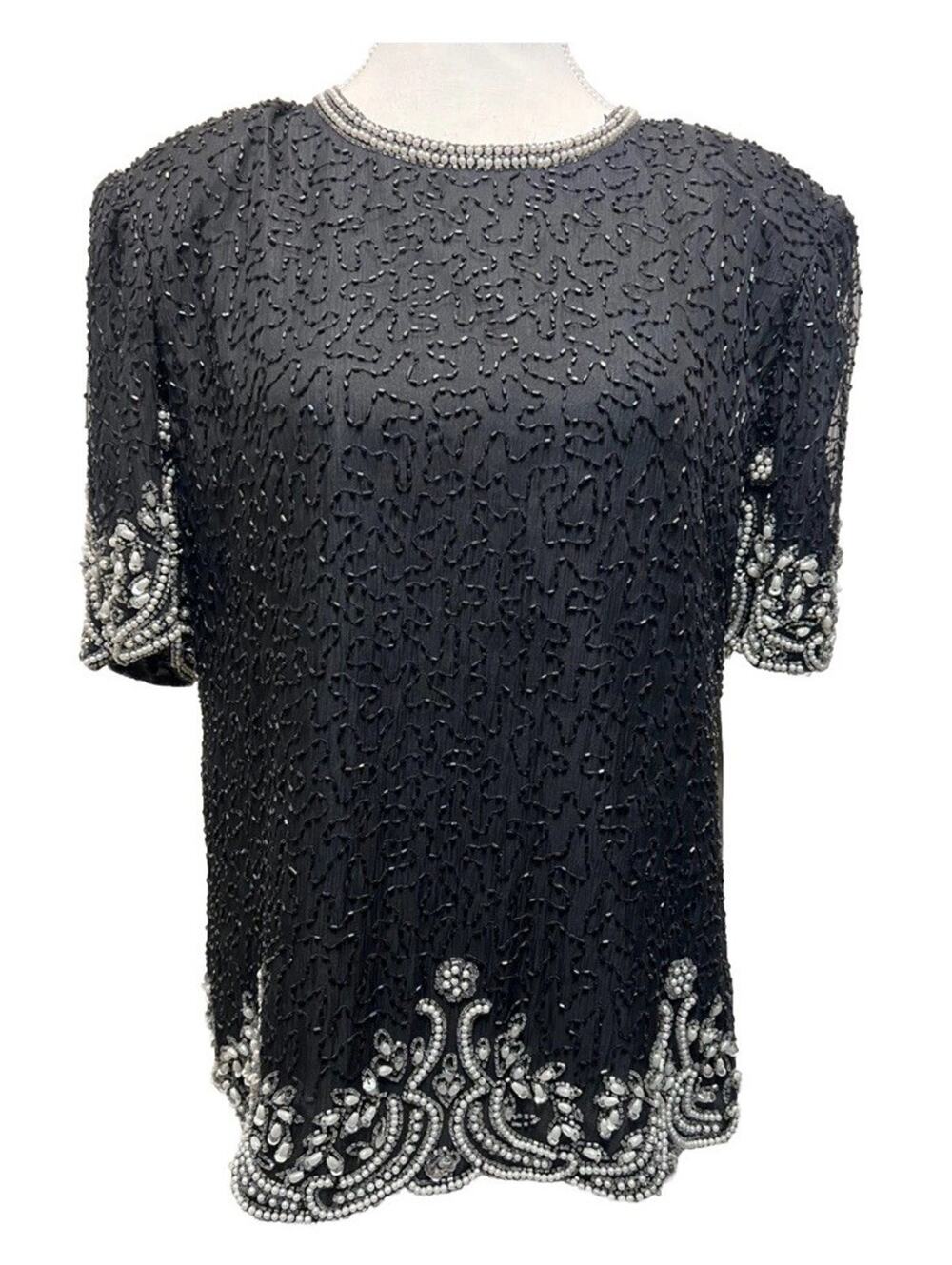 VTG Laurence Kazar New York Black Silk Beaded Blouse Top M NWT Party